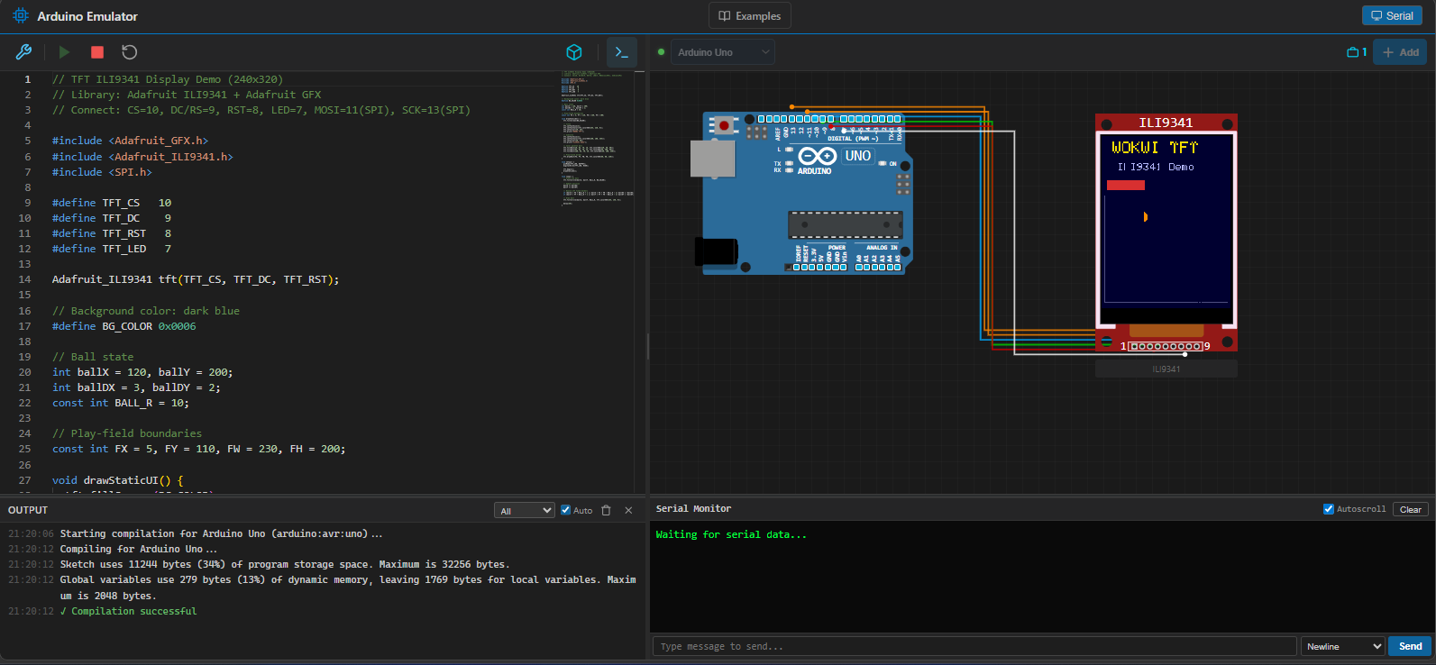 ILI9341 TFT display simulation on Arduino Uno